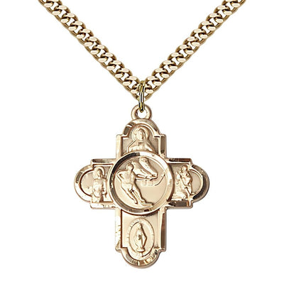 5-Way Ice Hockey Cross Medal Necklace In Gold Filled, Measures 1 1/8 Inches In Height And 1 5/8 Inches In Width, Bliss Manufacturing