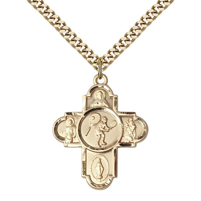 5-Way Tennis Cross Gold-Filled Medal Necklace, Measures 1 1/8 Inches In Height And 1 5/8 Inches In Width, Bliss Manufacturing
