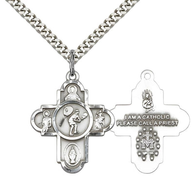 5-Way Tennis Cross Sterling Silver Medal Necklace, Measures 1 1/8 Inches In Height And 1 5/8 Inches In Width, Bliss Manufacturing