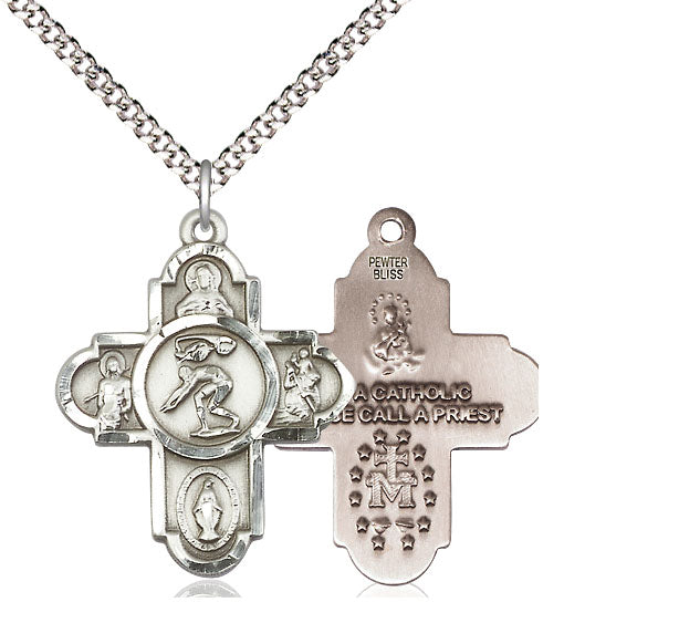 Bliss Manufacturing 5-Way Swimming Cross Pewter Medal Necklace,