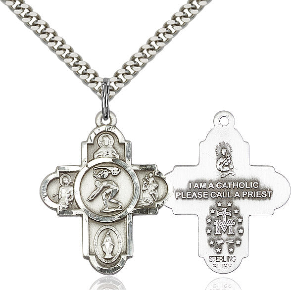 Bliss Manufacturing 5-Way Swimming Cross Sterling Silver Medal Necklace,