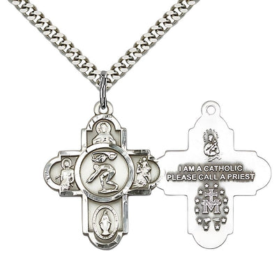 5-Way Swimming Cross Sterling Silver Medal Necklace, Measures 1 1/8 Inches In Height And 1 5/8 Inches In Width, Bliss Manufacturing