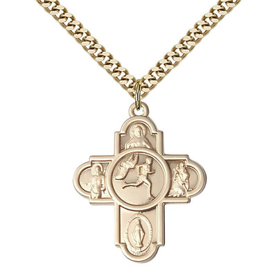 5-Way Track & Field Cross Golf-Filled Medal Necklace, 1 1/8 Inches In Height And 1 5/8 Inches In Width, gold-filled, Bliss Manufacturing