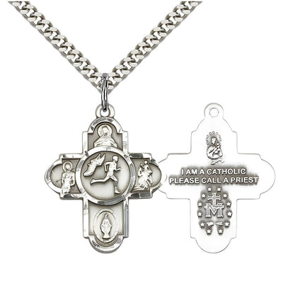 5-Way Track & Field Cross Sterling Silver Medal Necklace, 1 1/8 Inches In Height And 1 5/8 Inches In Width, Bliss Manufacturing