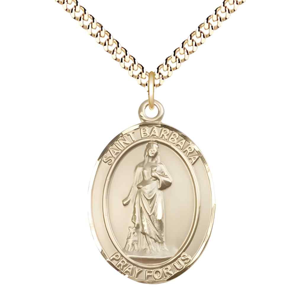 Large Saint Barbara 14kt Gold-filled Oval Medal Pendant with Gold-plated Curb Chain in Deluxe Gift Box | Bliss Manufacturing