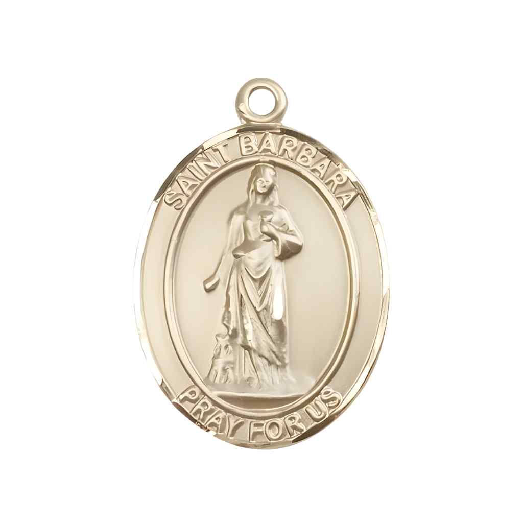 Large Saint Barbara 14kt Gold Oval Medal Pendant comes in Deluxe Gift Box | Bliss Manufacturing