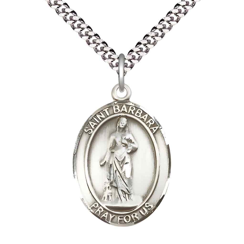Large Saint Barbara Sterling Silver Oval Medal Pendant with 24" Rhodium-plated Curb Chain in Deluxe Gift Box | Bliss Manufacturing