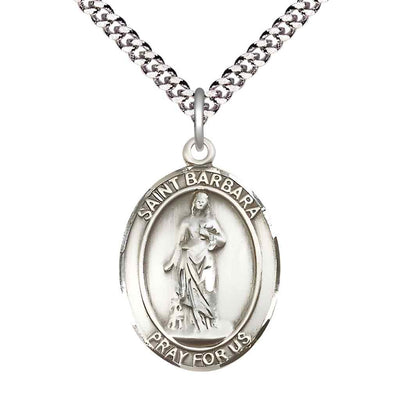 Large Saint Barbara Sterling Silver Oval Medal Pendant with 24" Rhodium-plated Curb Chain in Deluxe Gift Box | Bliss Manufacturing