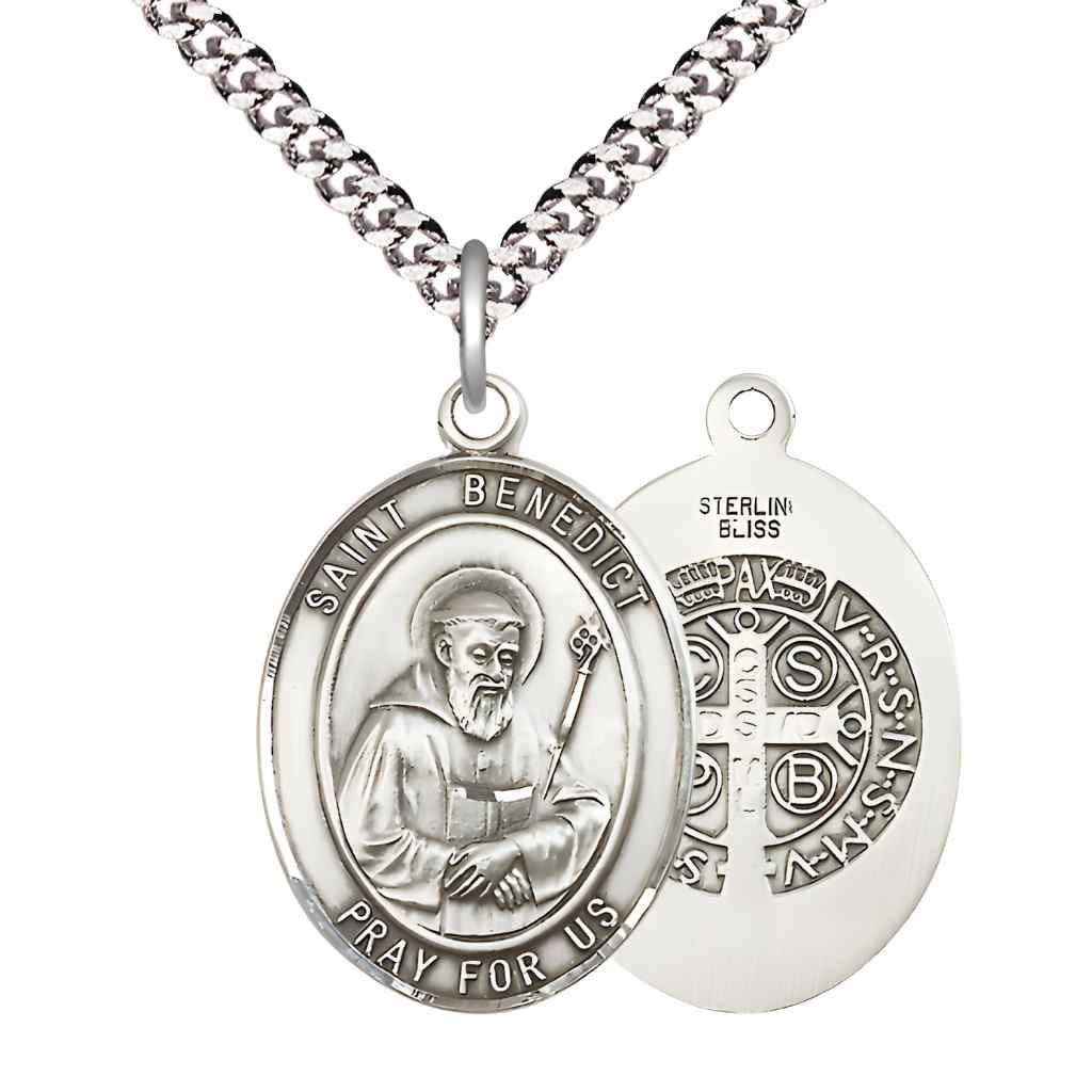 Large Saint Benedict Sterling Silver Oval Medal Pendant with 24" Rhodium-plated Curb Chain in Deluxe Gift Box | Bliss Manufacturing