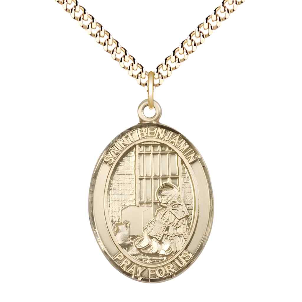 Large Saint Benjamin 14kt Gold-filled Oval Medal Pendant with 24" Gold-plated Curb Chain in Deluxe Gift Box | Bliss Manufacturing