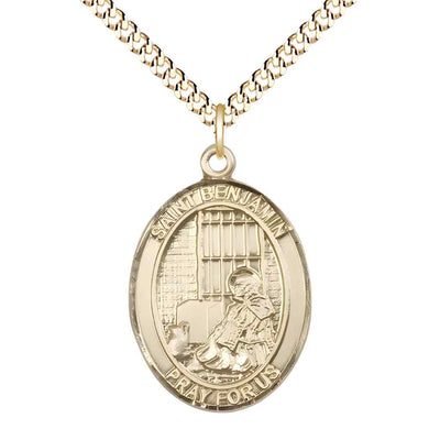 Large Saint Benjamin 14kt Gold-filled Oval Medal Pendant with 24" Gold-plated Curb Chain in Deluxe Gift Box | Bliss Manufacturing