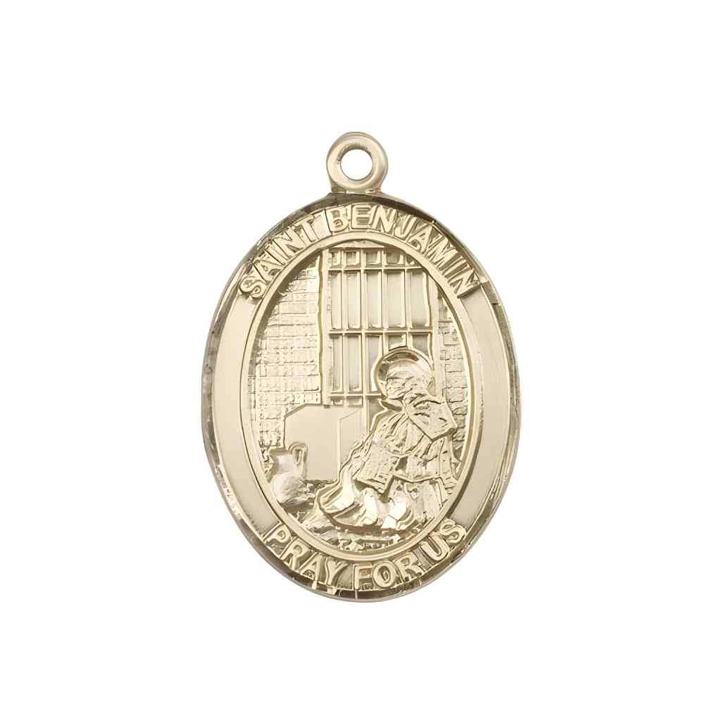 Large Saint Benjamin 14kt Gold Oval Medal Pendant comes in Deluxe Gift Box | Bliss Manufacturing