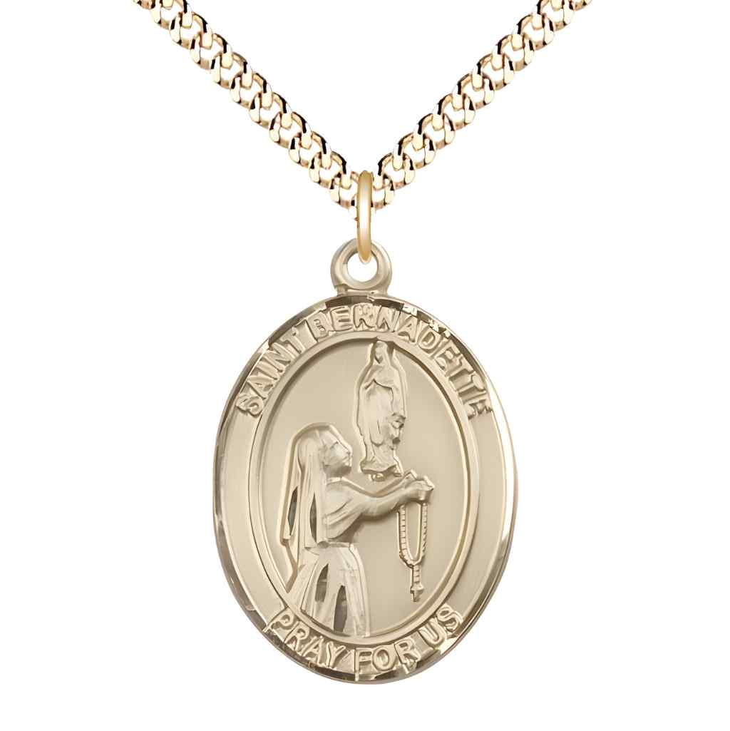 Large Saint Bernadette 14kt Gold-filled Oval Medal Pendant with 24" Gold-plated Curb Chain in Deluxe Gift Box | Bliss Manufacturing