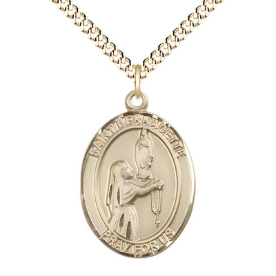 Large Saint Bernadette 14kt Gold-filled Oval Medal Pendant with 24" Gold-plated Curb Chain in Deluxe Gift Box | Bliss Manufacturing