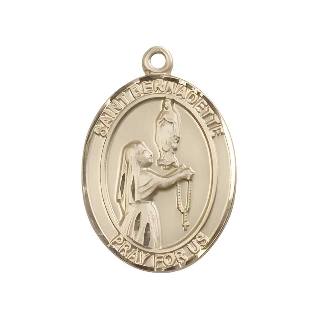 Large Saint Bernadette 14kt Gold Oval Medal Pendant comes in Deluxe Gift Box | Bliss Manufacturing