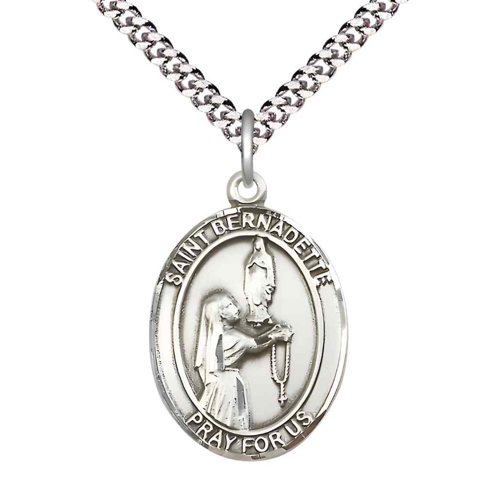 Large Saint Bernadette Sterling Silver Oval Medal Pendant with 24" Rhodium-plated Curb Chain in Deluxe Gift Box | Bliss Manufacturing