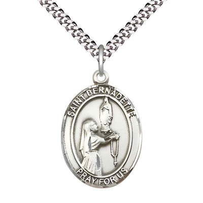 Large Saint Bernadette Sterling Silver Oval Medal Pendant with 24" Rhodium-plated Curb Chain in Deluxe Gift Box | Bliss Manufacturing