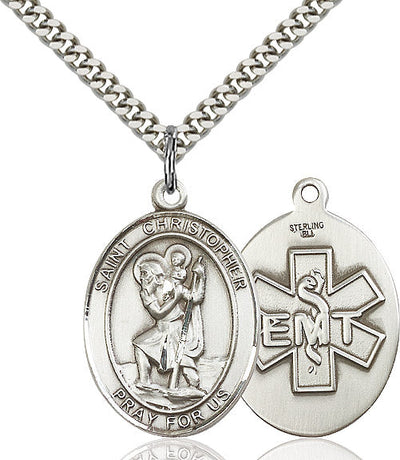 St Christopher EMT Catholic Patron Saint Medal, pewter / sterling silver / gold-filled (view 2), Bliss Manufacturing