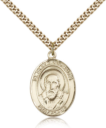 Bliss Manufacturing Large 14kt Gold Filled St Francis de Sales Pendant on a 24 inch Gold Plate Heavy Curb Chain