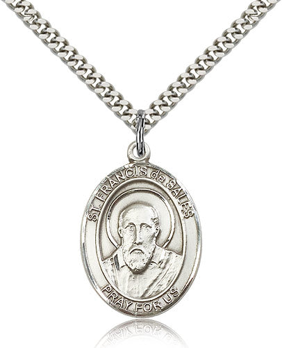 Bliss Manufacturing Large Sterling Silver St Francis de Sales Pendant on a 24 inch Light Rhodium Heavy Curb Chain