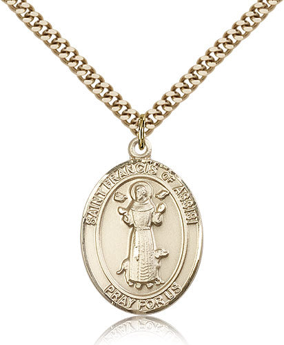 Bliss Manufacturing Large 14kt Gold Filled St Francis of Assisi Pendant on a 24 inch Gold Plate Heavy Curb Chain