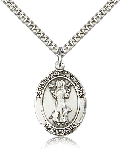 Bliss Manufacturing Large Pewter St Francis of Assisi Pendant on a 24 inch Light Rhodium Heavy Curb Chain