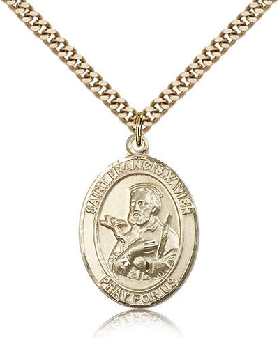 Large 14kt Gold Filled St Francis Xavier Pendant on a 24 inch Gold Plate Heavy Curb Chain, Bliss Manufacturing
