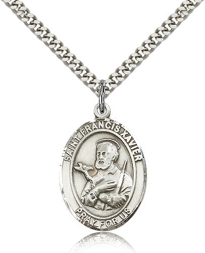 Bliss Manufacturing Large Pewter St Francis Xavier Pendant on a 24 inch Light Rhodium Heavy Curb Chain