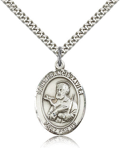 Large Pewter St Francis Xavier Pendant on a 24 inch Light Rhodium Heavy Curb Chain, Bliss Manufacturing