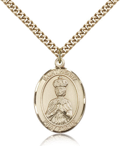 bliss manufacturing large 14kt gold filled st henry II medal on a 24 inch gold plate heavy curb chain,