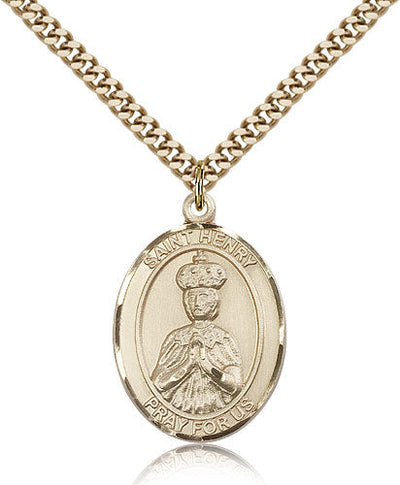 large 14kt gold filled st henry II medal on a 24 inch gold plate heavy curb chain, Bliss Manufacturing