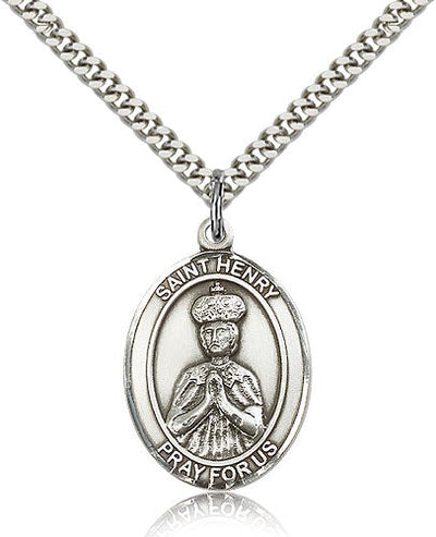 large st henry II sterling silver medal on a 24 inch light rhodium-plated heavy curb chain, Bliss Manufacturing