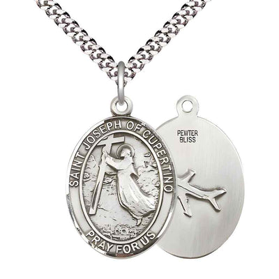 Large Saint Joseph of Cupertino with a Plane on Back Pewter Oval Medal Pendant with Rhodium-plated Chain with Deluxe Gift Box | Bliss Manufacturing
