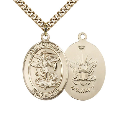 'St. Michael' and U.S. Navy Emblem 14kt Gold-filled Medal with Plated Chain, 1-inch, Bliss Manufacturing