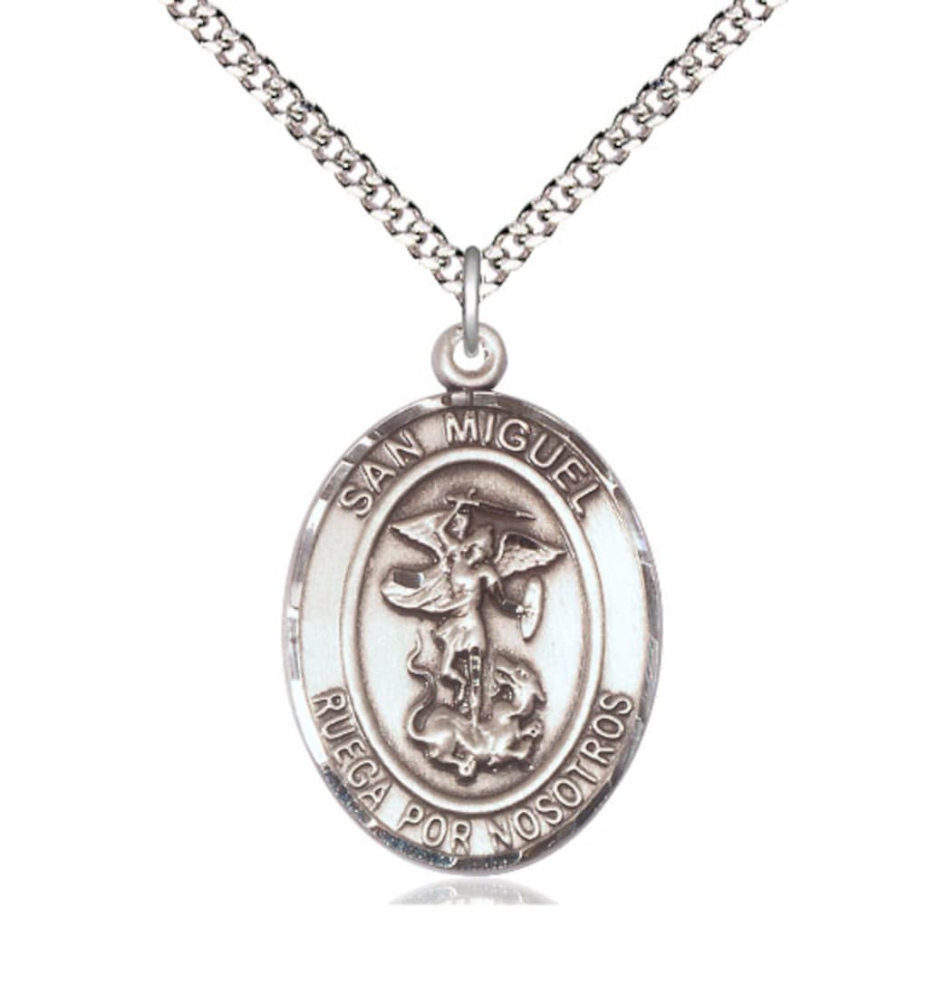 Bliss Manufacturing Medium Sterling Silver San Miguel Arcangel Pendant on a 18 inch Light Rhodium-plated Light Curb Chain,