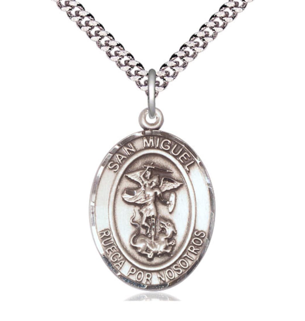 Bliss Manufacturing Sterling Silver San Miguel Arcangel Pendant on a 24 inch Light Rhodium Plated Light Curb Chain,