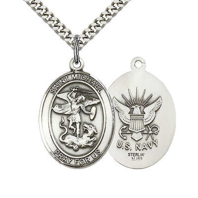 'St. Michael' and U.S. Navy Emblem Sterling Silver Medal with Plated Chain, 1-inch, Bliss Manufacturing