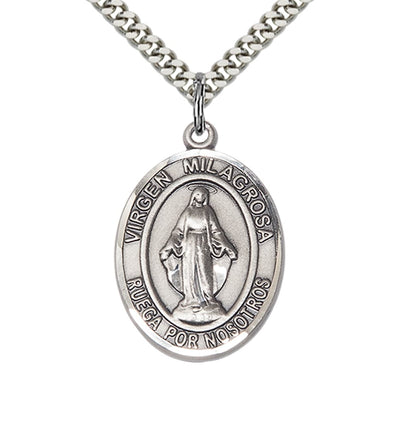 Spanish Virgen Milagrosa Catholic Pewter Medal with Chain, Bliss Manufacturing
