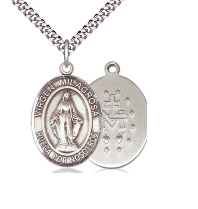 Spanish Virgen Milagrosa Catholic Sterling Silver Medal Necklace, Bliss Manufacturing