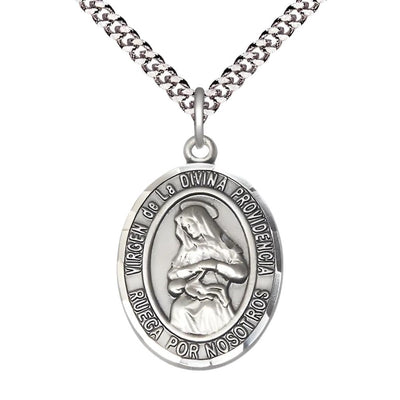 Virgen de la Divina pewter medal with chain and gift box, Bliss Manufacturing