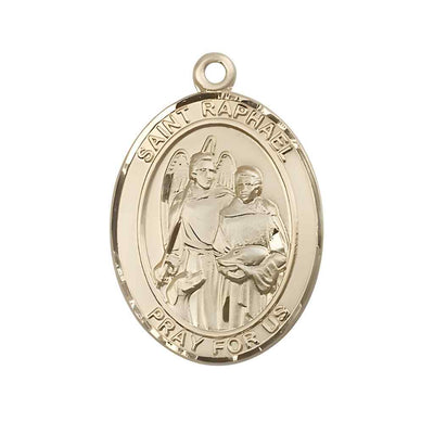 Large Saint Raphael the Archangel 14kt Gold Oval Medal Pendant comes with Deluxe Gift Box | Bliss Manufacturing