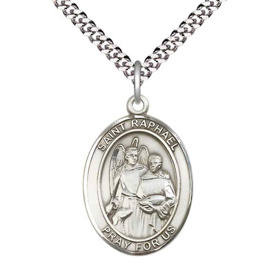 Large Saint Raphael the Archangel Sterling Silver Oval Medal Pendant with Rhodium-plated Chain with Deluxe Gift Box | Bliss Manufacturing