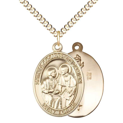 St Cosmas and St Damian Doctors Symbol on back Necklace, gold-filled medal with gold-plated chain (view 3), Bliss Manufacturing