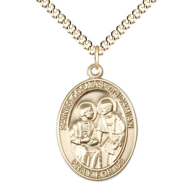 Large St. Cosmas and St. Damian 14kt Gold-filled Oval Medal Pendant with Gold-plated Chain with Deluxe Gift Box