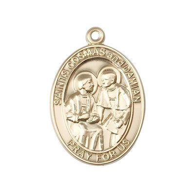 Large St. Cosmas and St. Damian 14kt Gold Oval Medal Pendant comes with Deluxe Gift Box