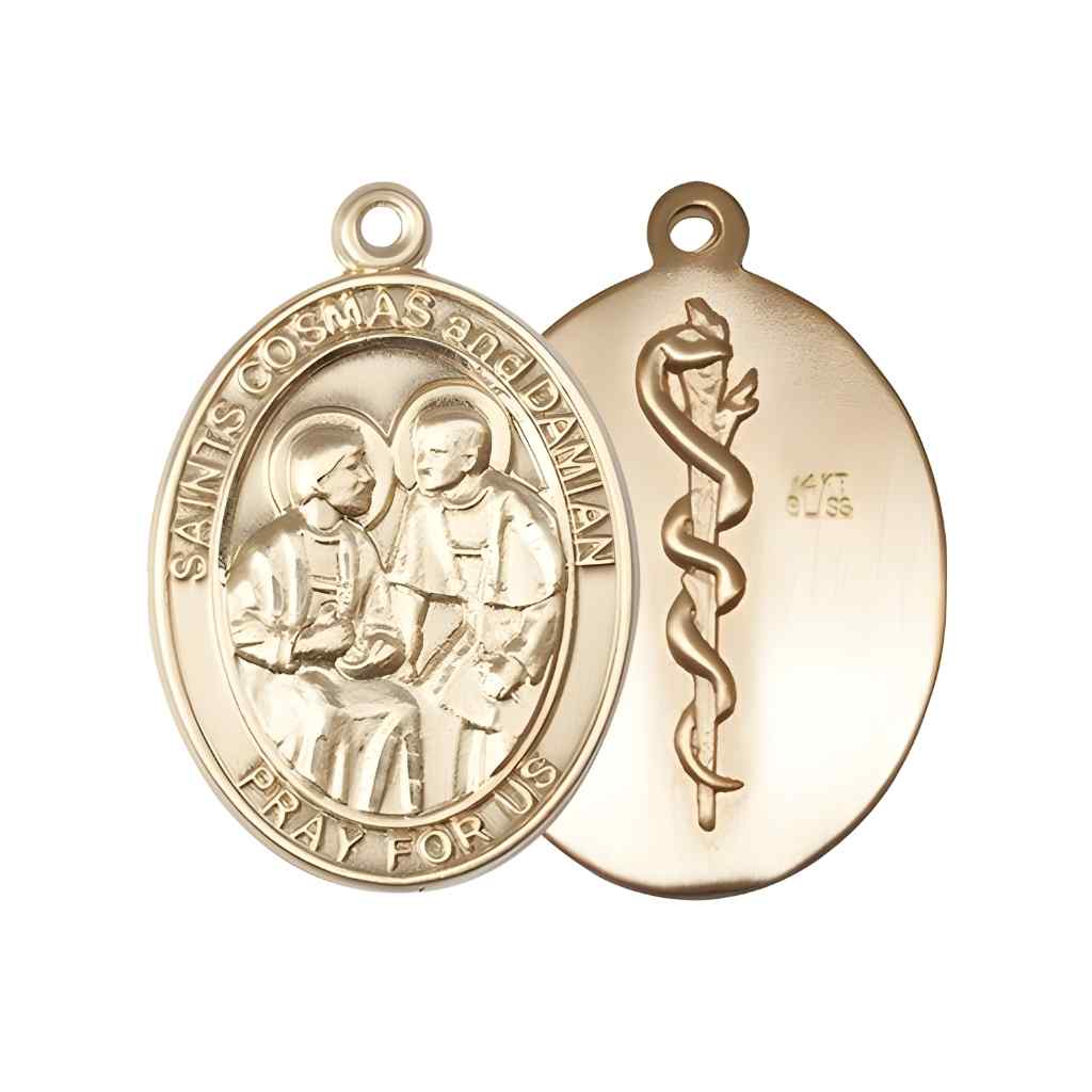 St Cosmas and St Damian Doctors Symbol on back Necklace, 14kt gold medal (view 3), Bliss Manufacturing