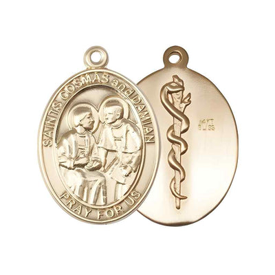 St Cosmas and St Damian Doctors Symbol on back Necklace, 14kt gold medal (view 4), Bliss Manufacturing