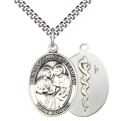 St Cosmas and St Damian Doctors Necklace, sterling silver medal with plated chain (view 2), Bliss Manufacturing