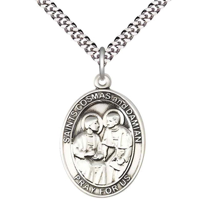 St Cosmas and St Damian Necklace, sterling silver medal with optional engraving, rhodium-plated chain, Bliss Manufacturing