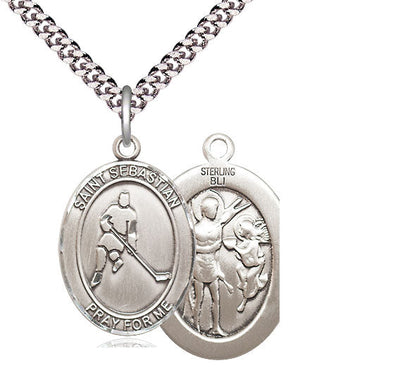 St Sebastian Ice Hockey Catholic Patron Saint Medal, pewter / sterling silver / gold-filled (view 2), Bliss Manufacturing